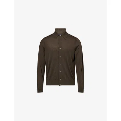 Dunhill Mens Tobacco Regular-fit Polo-collar Wool Cardigan In Brown