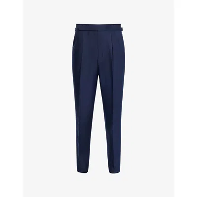 Dunhill Mens Spring Navy Double-pleated Tailored Silk Trousers In Blue