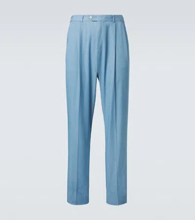 Dunhill Pleated Straight Cotton Suit Pants In Blue