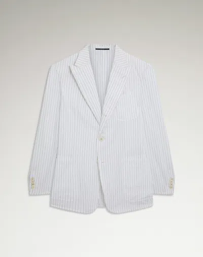 Dunhill Stripe Cotton Linen Cavendish Single Breasted Jacket In Blue