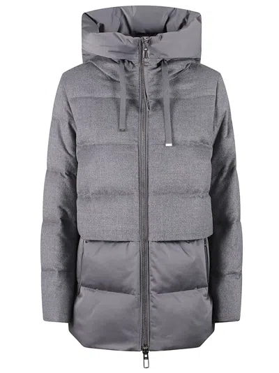 Duno Bi-material Short Down Coat With Adjustable Hood And Drawstring Hem In Gray
