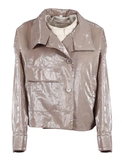 Duno Cropped Shiny Flap Pocket Jacket In Beige