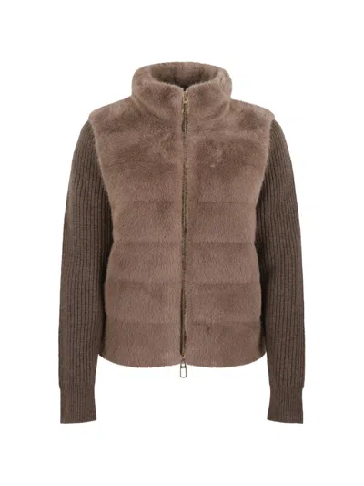 Duno Nila Faux-fur Panelled Ribbed-knit Jacket In Brown