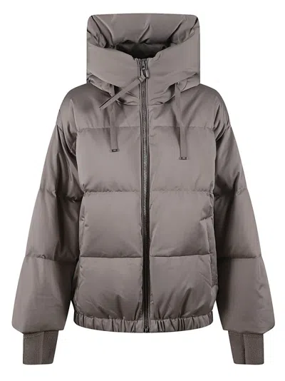 Duno Oversized Down Jacket In Wool Knit With Adjustable Satin Hood In Gray