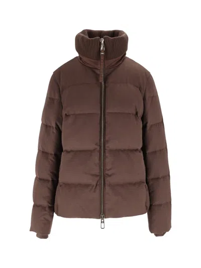 Duno Padded High Ribbed Collar Drawstring Down Jacket In Brown