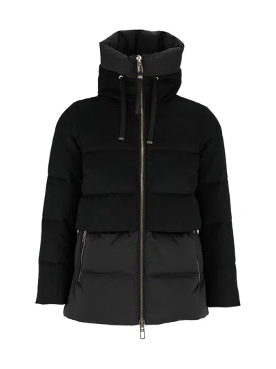 Duno Padded Quilted Down Coat With High Collar And Dual Fabric Textures In Black