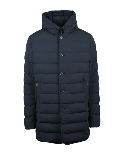 Duno Quilted Navy Blue Down Jacket With Removable Bib And Padded Silhouette In Black