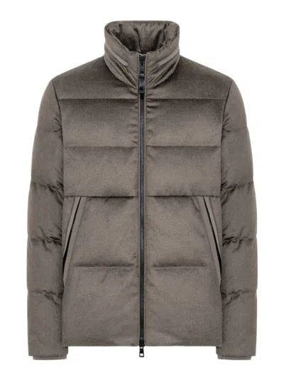 Duno Technical Wool Short Down Jacket With Concealed Hood In Multi