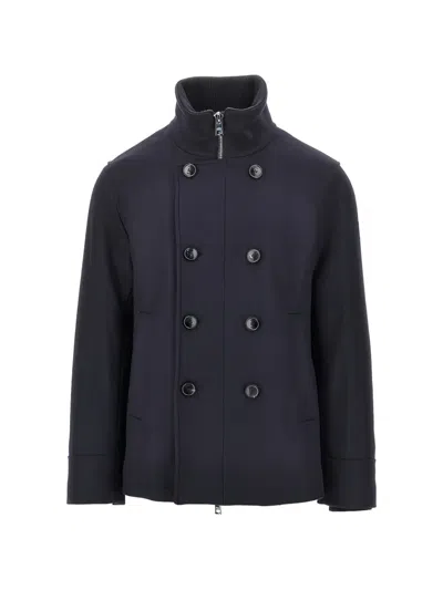 Duno Zakab Double-breasted Funnel-neck Coat In Blue