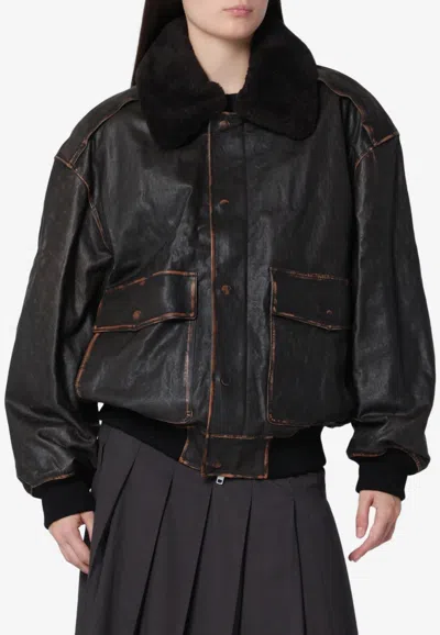 Dunst A-2 Brushed Lambskin Jacket With Detachable Shearling Collar In Black