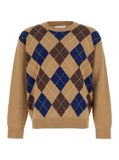 Dunst Argyle Diamond Wool Crew Neck Sweater In Brown