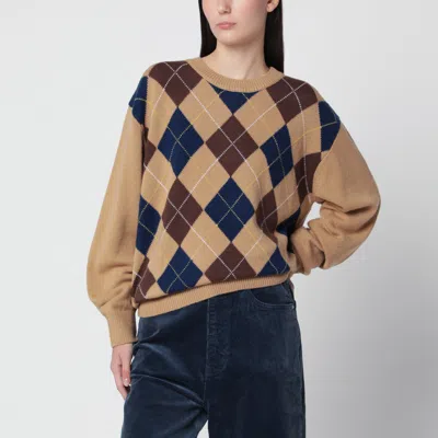 Dunst Argyle Wool Crewneck Sweater With Ribbed Trim In Neutral