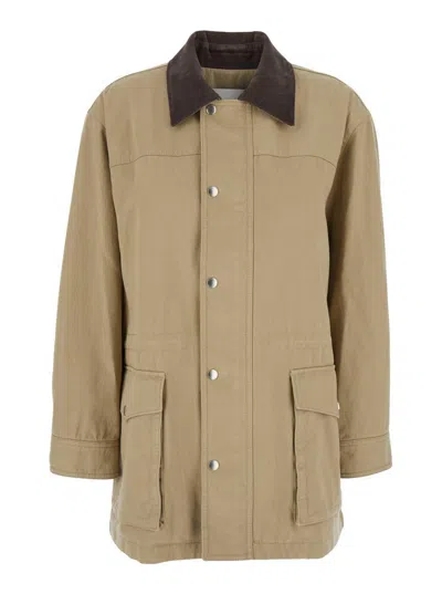 Dunst Beige Jacket With Corduroy Collar And Front Snap Button Closure