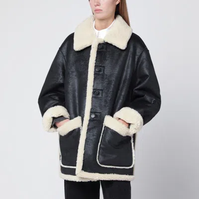 DUNST DUNST BLACK FAUXLEATHER SHEARLINGEFFECT COAT