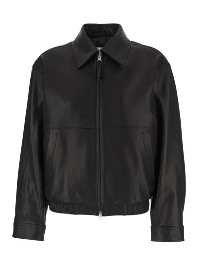 Dunst Black Jacket With Classic Collar In Leather Woman In Blue