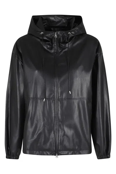 Dunst Black Leather Windbreaker Drawstring Hooded Polyester Jacket