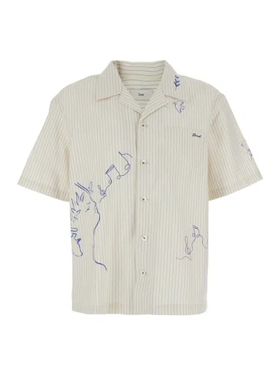 Dunst Blue Bowling Shirt With Cuban Collar And Front And Back Embellishment In Cotton Blend Unisex