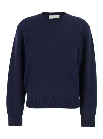 DUNST BLUE CREW NECK SWEATER WITH RIBBED DETAILS IN CASHMERE WOMAN