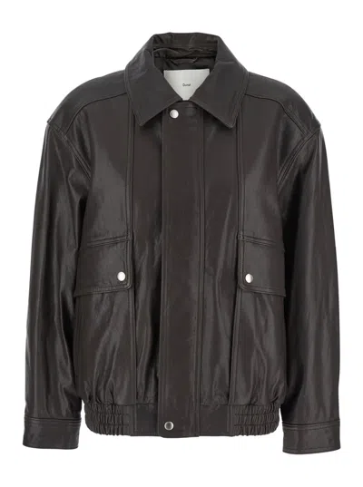 DUNST BROWN OVERSIZED JACKET WITH DROPPED SHOULDERS AND FLAP POCKETS ON THE FRONT IN LEATHER WOMAN