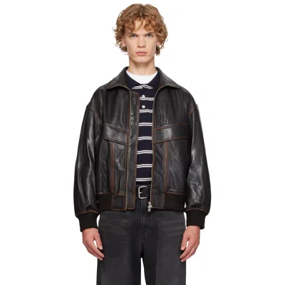 Dunst Brown Stand Collared Leather Jacket In Animal Print