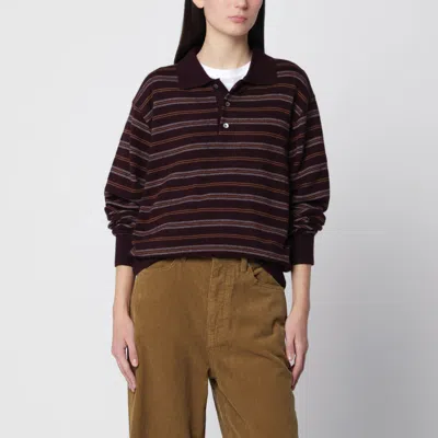 Dunst Brown Striped Polo-collar Sweater With Relaxed Fit
