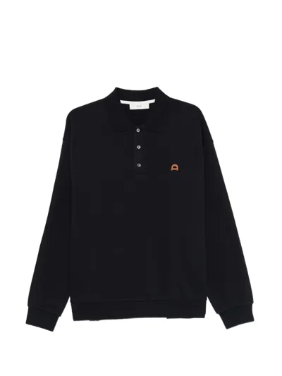 Dunst Navy Blue Polo Shirt With Leather Logo In Animal Print