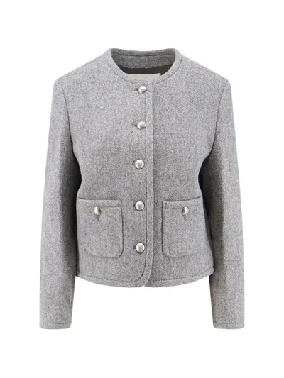 Dunst Button-up Collarless Tweed Jacket In Gray