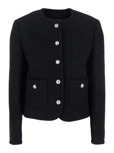 DUNST BLACK JACKET WITH BUTTON CLOSURE AND FRONT POCKETS IN TWEED WOMAN