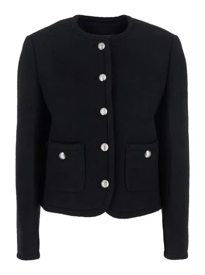DUNST BLACK JACKET WITH BUTTON CLOSURE AND FRONT POCKETS IN TWEED WOMAN