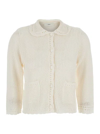 Dunst Collared Crochet Knit Cardigan White Sweater With Collar And Long Sleeves In Linen And Cotton For Wo