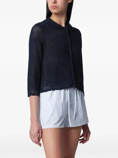 Dunst Collared Crochet-knit Cardigan In Blue