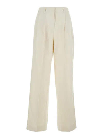 Dunst Cotton-blend Trousers With Belt Loops, Front Pleats & Relaxed Fit In White