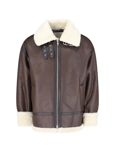 Dunst Black Aviator Leather Bomber Jacket In Brown