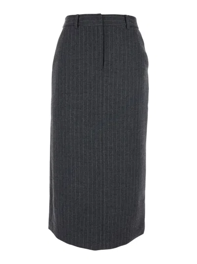 DUNST GREY LONG SKIRT WITH BELT LOOPS AND REAR SINGLE SLIT IN WOOL BLEND WOMAN