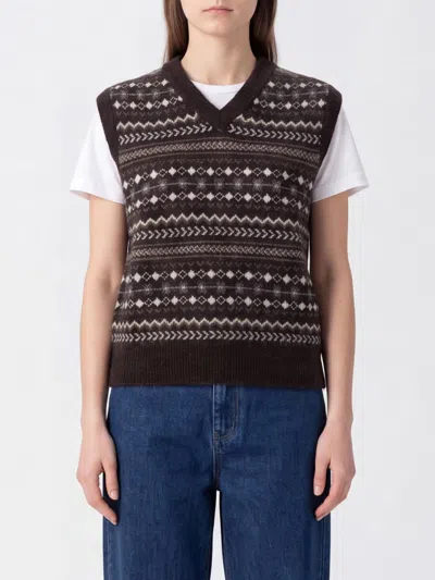 Dunst Jacquard Knit Waistcoat In Wool And Alpaca Blend With V-neck In Brown