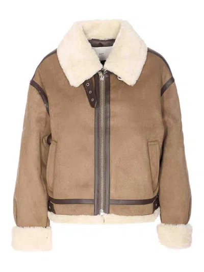 Dunst Khaki Beige Faux Fur Leather Jacket In Animal Print