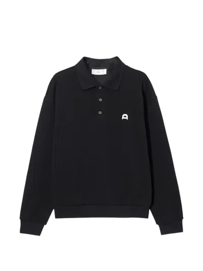 Dunst Leather Logo-patch Polo Shirt In Black