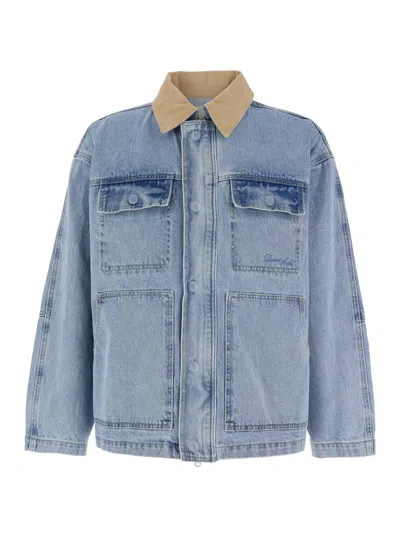DUNST LIGHT BLUE JACKET WITH CONTRAST COLLAR AND PATCH POCKETS ON THE CHEST IN COTTON MAN
