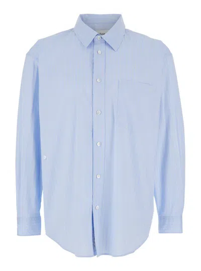 DUNST LIGHT BLUE SHIRT WITH ALL-OVER STRIPED MOTIF AND EMBROIDERED LOGO IN COTTON POPLIN MAN