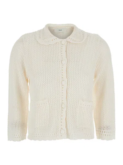 Dunst Linen-cotton Sweater With Classic Collar And Crochet Perforated Knit In White