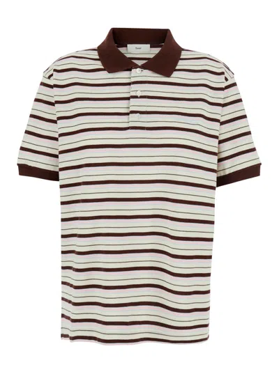 Dunst Multicolor Polo Shirt With Embroidered Logo Lettering On The Front And All-over Stripes In Cotton Fo In Brown