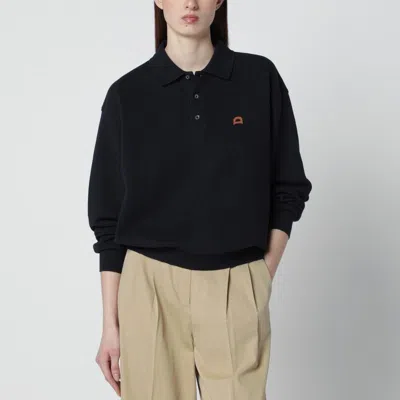 Dunst Navy Blue Polo Shirt With Leather Logo In Black