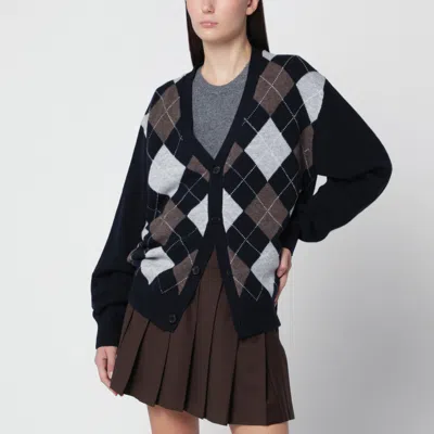 Dunst Navy Blue Wool Cardigan With Argyle Pattern