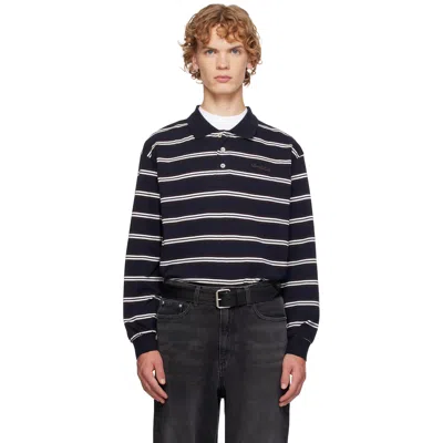 Dunst Navy Stripe Collared Polo In Blue
