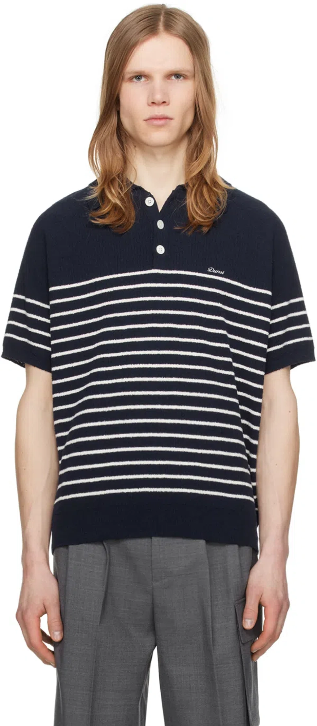 Dunst Unisex Collared Stripe Knit Polo In Classic Navy