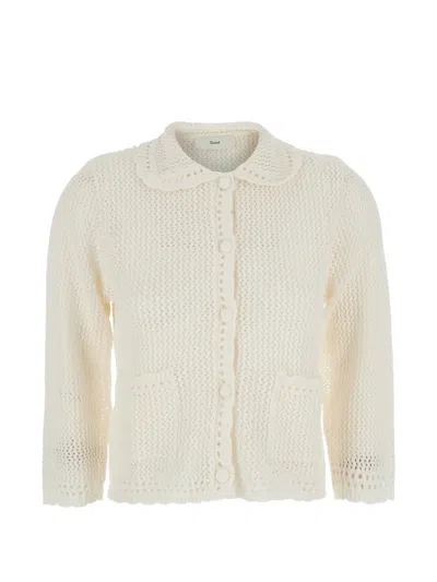 Dunst Collared Crochet Knit Cardigan White Sweater With Collar And Long Sleeves In Linen And Cotton For Wo