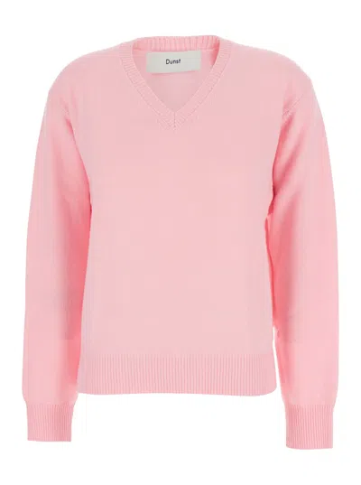 DUNST PINK V-NECK SWEATER WITH RIBBED DETAILS IN CASHMERE WOMAN