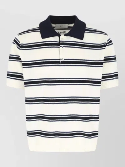 Dunst Polo Knit Top Short Sleeves Stripes In White