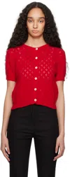 Dunst Cotton Crochet Crewneck Cardigan In Red