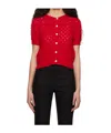 Dunst Cotton Crochet Crewneck Cardigan In Red